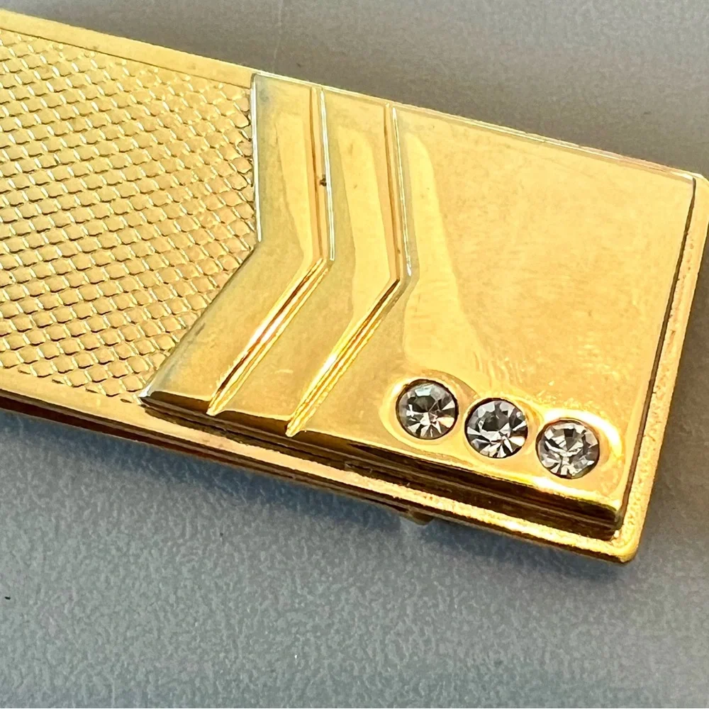 Money Clip Gold Tone Textured Three Rhinestones